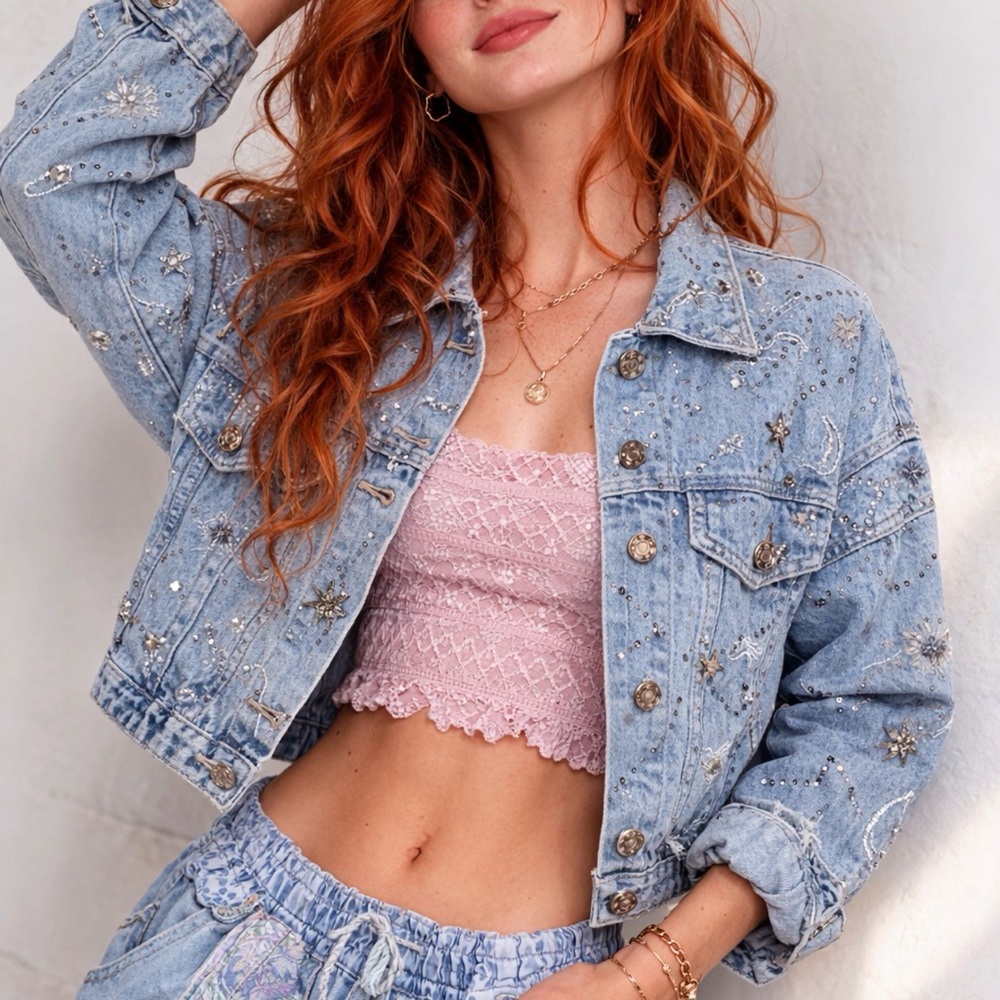 Women's Pol Light Blue Sequin Embellished Jean Jacket L - Picture 7 of 7